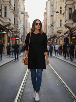 Siyah Kabartma Baskılı Uzun Kol Bisiklet Yaka Sweatshirt Tunik