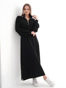 Siyah Spor Boğazlı Hakim Yaka Yarım Fermuar Elbise