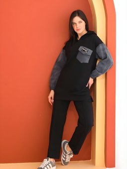 Siyah Spor Kolları Kot Detaylı İkili Takım