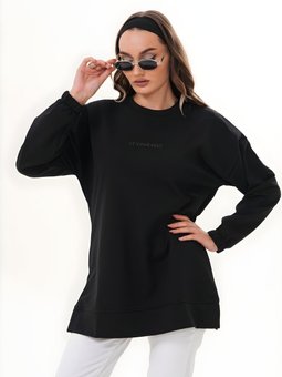 Siyah Uzun Kol Sweatshirt Bisiklet Yaka