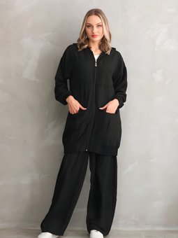 Siyah Yazlık Trençkot Keten Pantolonlu İkili Takım