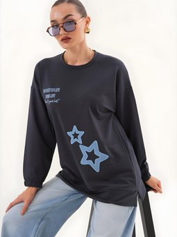Siyah Yıldız Desenli Bisiklet Yaka Sweatshirt Tunik
