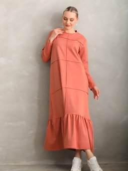 Somon Bloklu Uzun Spor Salaş Eteği Fırfırlı Elbise