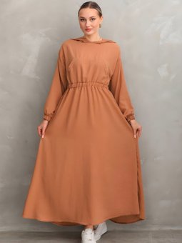 Taba Yazlık Keten Spor Kapüşonlu Belden Büzgülü Cepli Elbise