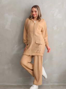 Vizon Yazlık Trençkot Pantolonlu Keten İkili Takım