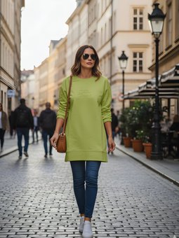 Yeşil Kabartma Baskılı Uzun Sweatshirt Bisiklet Yaka Tunik