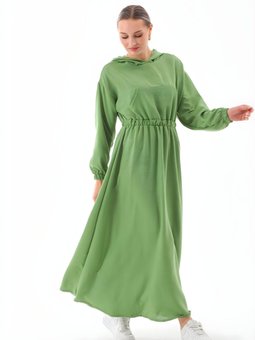 Yeşil Spor Yazlık Keten Kapüşonlu Belden Büzgülü Cepli Elbise