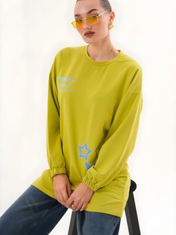 Yeşil Yıldız Desenli Bisiklet Yaka Sweatshirt Tunik