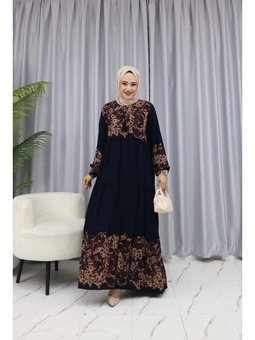 Sulu Desen Koyu Lacivert Elbise