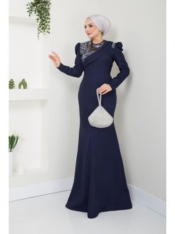 Giyim Moda Pul Detaylı Balık Abiye Elbise Lacivert