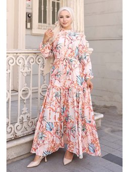 Desenli Oranj Elbise