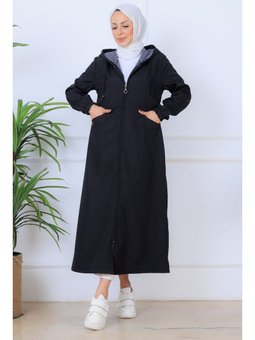 İçi Desenli Uzun Siyah Kap