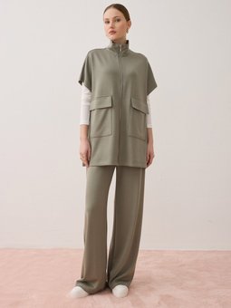Yumuşak Dokulu Cep Detaylı Yelek & Pantolon Haki Takım