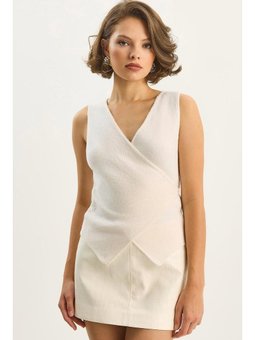 Kruvaze Yaka Bel Bağlamalı Triko Krem Yelek