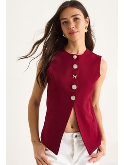 Regular Bisilet Yaka Gold Düğme Detaylı Astarlı Dokuma Bordo Yelek