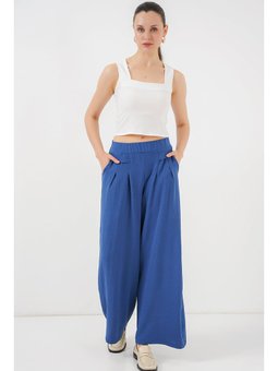 Geniş Paça Pileli İndigo Pantolon