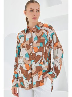 Grafik Desenli Sütlü Kahve Gömlek