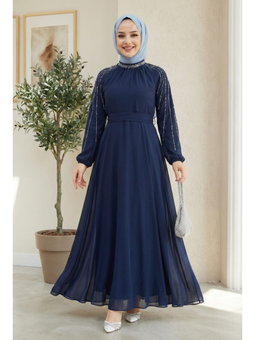 Taş İşlemeli İçi Astarlı Lacivert Şifon Elbise