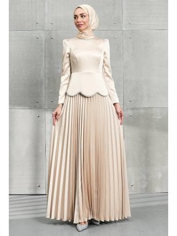 Bej Beli Taş Detaylı Etek Pileli Saten Abiye Elbise