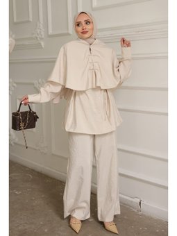 Bej Pelerin Detaylı Tunik Pantolonlu Takım
