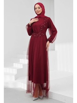 Bordo Büyük Beden Güpürlü Abiye Elbise