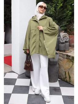 Haki Kapüşonlu Fermuarlı Oversize Panço