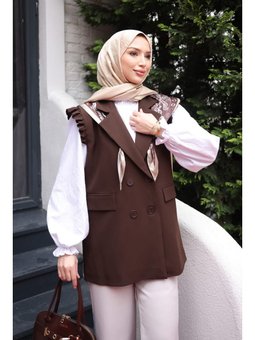 Kahverengi Kravuze Yaka Fular Detaylı Yelek