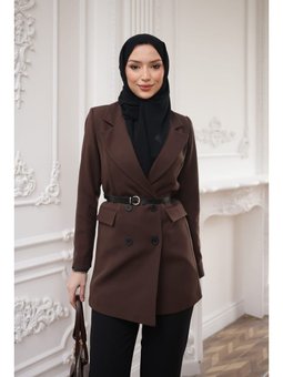 Kahverengi Kravuze Yaka Kemerli Astarlı Ceket