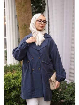 Lacivert Bel Lastikli Kruvaze Yaka Ceket