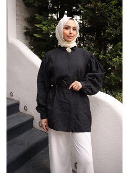 Siyah Bel Bağlamalı Broşlu Modal Tunik