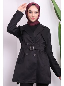 Siyah Kruvaze Yaka Kısa Trençkot