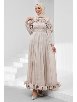 Taş Yaka Ve Etek Ucu Fırfırlı Işıltılı Abiye Elbise