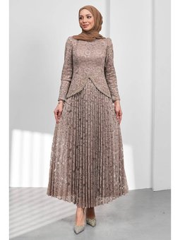 Vizon Güpürlü Eteği Piliseli Tasarım Abiye Elbise