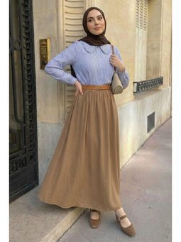 Büzgülü Kemerli Camel Modal Etek