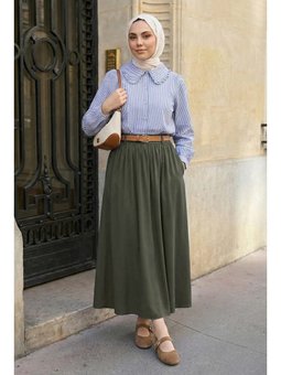 Büzgülü Kemerli Haki Modal Etek