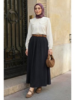 Büzgülü Kemerli Siyah Modal Etek