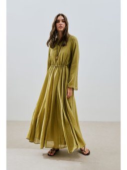 Beli Ayarlamalı Uzun Sarı Elbise