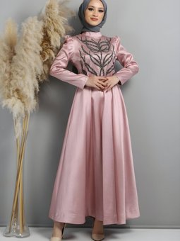 Gül Kurusu Yakma Desenli Taşlı Abiye Elbise