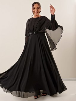 Beli Boncuklu Önü Büzgülü Astarlı Büyük Beden Şifon By Saygı Abiye Elbise Siyah
