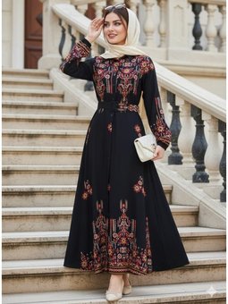 Çiçek Desenli Siyah Elbise 24084s