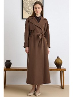 Apolet Ve Pelerin Detaylı Astarsız Uzun Trençkot Kahve