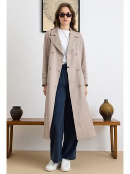 File Detaylı Kruvaze Su İtici Özellikli Trençkot Taş