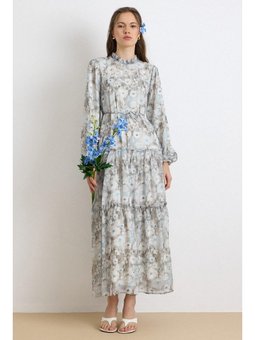 Fır Detaylı Çiçek Desenli Kristal Şifon E Elbise Mavi