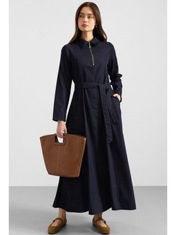 Yaka Fermuar Detaylı Kloş Denim E Gömlek Elbise Lacivert