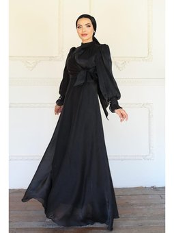 Yandan Bağlamalı Manşet Detaylı Yoryo İpek Abiye Elbise Siyah