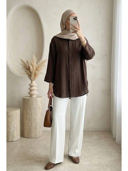 Çizgi Desen Oval Kesim Krinkıl Kahve Gömlek