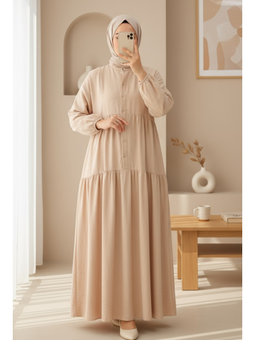 Hakim Yaka Yarım Düğmeli Pamuk Ayrobin Bej Elbise