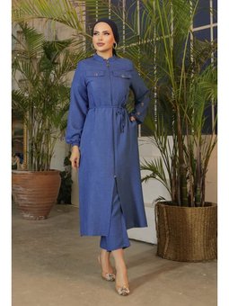 İndigo Kapak Cepli Boydan Fermuarlı Keten Kap