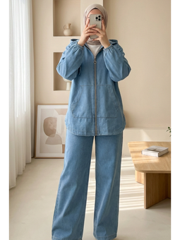 Kapüşonlu Önü Fermuarlı Kolu Lastikli Cepli Açık Mavi Kot Takım