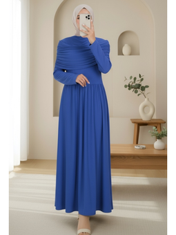 Pile Detaylı Uzun Sandy Saks Mavisi Elbise